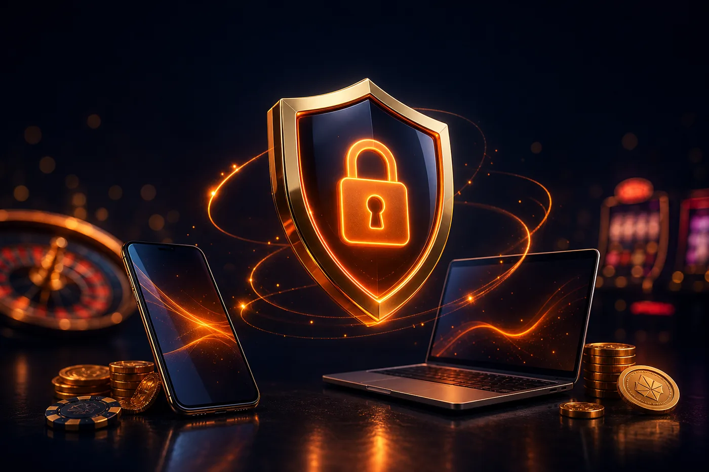 Escudo de protección de datos sobre un teléfono y un portátil